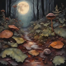Pen and ink, oil paint, dreamy A close up of a very wet forest floor in the moon light (with leaves, tiny wildflowers, ferns, a spider, a salamander, worms and tiny mushroom). Colors kale, gold, rust, burgundy, black.