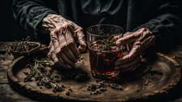 close up photo from an old woman's wrinkled hands holds one brown herb water in vintage water glass with , thriller, sinister , old witch interior, dark mood, perfect photo