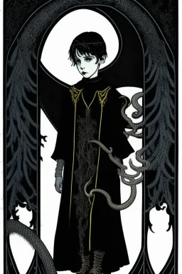 7 year old boy, necromancer, friendly, looks dead,with a lamprey serpent , wearing black robes, in the style of Harry Clarke