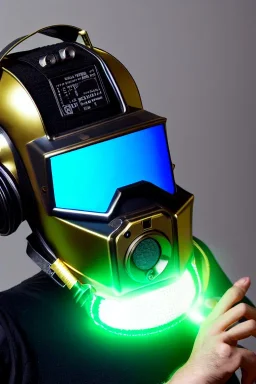 Metallic Cyber-punk style camera-mask and headphones. Large fencing mask covers cheeks. Trim man. Reflective plastic body surface, golden skin, full-coverage. Head full of integrated old-fashioned cameras and old telephones. Golden to cyan surfaces body. Perfect body, thick thighs and calves. Selfie, Selfies, mirror. Camera lenses cover the body. Mathematical equations, Euclidean 3D-tiling, Escher tiling. Soviet propaganda in 1990's. Cables in head. Daft Punk. Matrix.