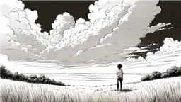 manga, makoto shinkai, monochrome, black background, sketch, simple, maximum quality, centered in frame, far view, in the middle of a grassy hill, white sky with cumulonimbus
