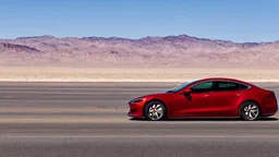 A Tesla's 'Model S Plaid' is racing at top speed, by the 'Lake Mead', in Nevada. CINEMATIC. WIDE ANGLE LENS.