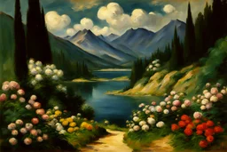 Mountains, lake, flowers, pathway, pine trees, clouds, edouard manet impressionism painting