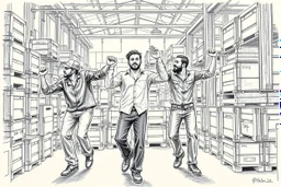 workers dancing in a industry factory with lot of wooden crates , a drawing with sketch lead pencil, no beards and light hair, the music video from AHA style (take on me)
