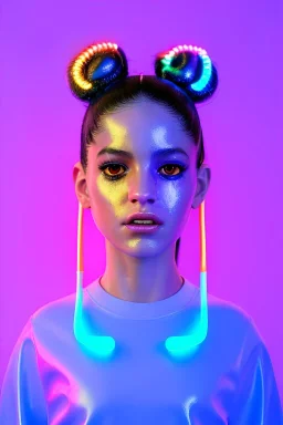 Rosalía, artist, 30 years old, Realistic, waist up portrait. Eyes, make up, glow, circle iris, eye liner. Hair, pigtails. make up, glow. lips, gold. big rings piercing, led ornament, pearls. Hand, baseball bat, Coat, smile pin, inflatable latex, cold, led lights, minimal, neon, pink, blue, gold, vibrant color, highly detailed, art stations, concept art, smooth, unreal engine 5, god lights, ray tracing, RTX, lumen lighting, ultra detail, volumetric lighting, 3d, finely drawn, high definition, 4k