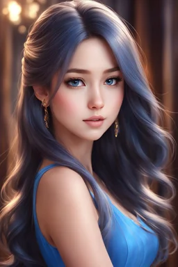 a girl with long hair wearing a blue dress, realistic cute girl painting, carlos ortega elizalde, beautiful character painting, kawaii realistic portrait, realistic anime 3 d style, realistic anime art style, realistic anime artstyle, photorealistic anime girl render, cute 3 d render, gorgeous 3d render, cg art, detailed realistic beautiful, photorealistic disney