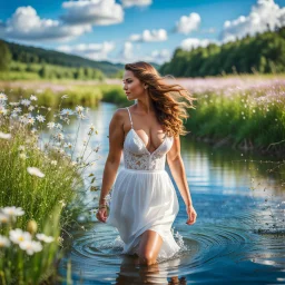 upper body closeup of very beautiful girl walks in water in country sidewild flowers , curvy hair ,next to small clean water river,pretty clouds in blue sky