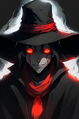 A adult anime ghost with a a grey straw hat glowing red eyes and no head in a black torn up robe