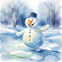 a children's illustration, Frosty, the snowman, oh so sly, Left icy footprints, oh, my, oh, my! Elves slipped and slid with glee, Frosty's prank, a frosty spree. Pleasant and cute, watercolour style.