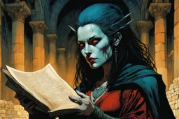 create an ancient vampire woman, studying an arcane manuscript in a ruined Renaissance scriptorium , in the graphic novel style of Bill Sienkiewicz and Jean Giraud Moebius, highly detailed facial features, grainy, gritty textures, dark and foreboding, otherworldly and ethereal