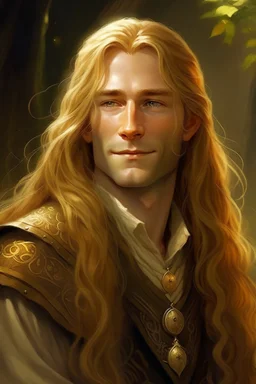 A young serene Lord Of The Rings like man with long golden hair that cascades gracefully. His open eyes, with blind pupils, reflect a depth of wisdom and inner peace. A gentle smile graces his face, adding warmth to his tranquil demeanor.