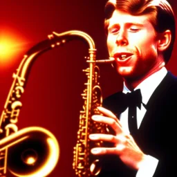 eyes closed REd-haired ron howard as richie from happy days Is blowing the saxophone with his "eyes closed", rock band, saxophone To lips, looking at camera