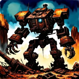 90's fantasy tcg art of a giant junk mech made of multiple parts in the ruins of a post apocalyptic sludge junkyard firing a a machine gun