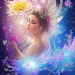 one big crystal subtle flower in a galactic ambiance with a beautiful fairy, transparent petals,