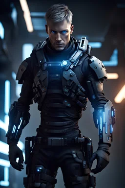 A male mercenary, multiple cybernetic augmentations all over his body,dressed in black tactical gear,short hair,blue eyes, cinematic lighting,ray tracing