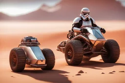 lowpoly storm trooper driving highly symmetric metallic rocket propelled mad max ATV that looks like a helmet with rounded glass bubble roof in red desert, bokeh like f/0.8, tilt-shift lens 8k, high detail, smooth render, down-light, unreal engine, prize winning