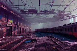 train yard, run down, graffiti, vandalized, day time, destroyed buildings , unity, scriptable render pipeline , lighting , volumetric , global illumination, fog.