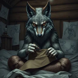 an anthropomorphic wolf woman hybrid with dark brown eyes full furry on her body sitting in the middle of a bed with a sewing needle and thread in her paw sewing a wide material belt, around her in the background are some paper with sketchy line kind drawings from monster on the walls of the wooden house, high realistic, detailed, cinematic, sci-fi, digital art, dark fantasy mood