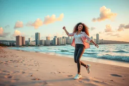 beautiful lady with makeup in pants and pretty shirt curvy long hair sport shoes dancing in sea side over soft sands ,modern city escape at dintant ,pretty clouds, golden hour