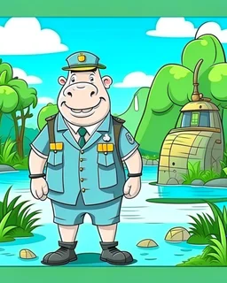 hippo as tourist guide wearing tourist guide uniform, cartoon style, safari landscapebackground, colorful, high quality, high details, realistic