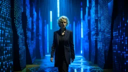 A middle-aged Caucasian woman with short, curly blonde hair, dressed in a tailored black suit, walking through a futuristic forest of metallic cubes with glowing blue niches and windows, under a heavy rain at night.