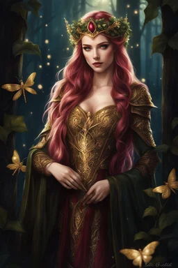 Burgundy hair, dark hair,dark red , rapunzel hair,very long hair,dark fairy princess,elven crown,night,dragonflies,beautiful,ong ashes,golden armor ,sparkle,night blooming,ivy,dark green,lilly of valley,golden elven crown,elven warrior,dark gold armor