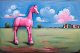 Big pink plastic toy horse.19th painting