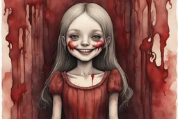 body anormal, smile blood, girl cute, watercolor illustration by <John Kenn Mortensen>, darkred tones,