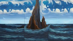 a thick hollow twisting tree trunk rises out of the raging sea, a whirlpool inside the base of center of the ocean inside the hollow part of the trunk, masterpiece, painting style, realism