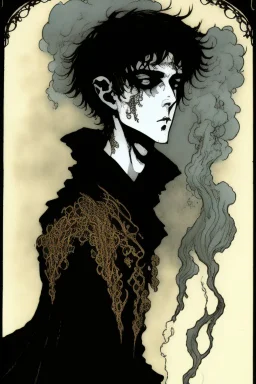 17 year old boy, necromancer, friendly, looks dead, surrounded by weird smoke with eyes, wearing black robes, in the style of Harry Clarke