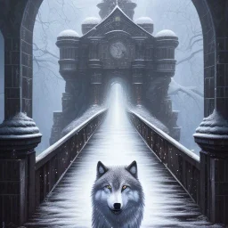 fantasy art, book cover, upper body of big mad wizard in front of the ebony stairs of a bridge or dam ,icy water, on the bridge is a wolf, there is also a hawk