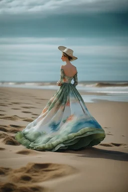 woman wearing a ball gown on the beach in the style of monet