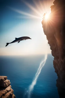 cliffdiver diving from high cliff with a dolphin, bokeh, downlight, prize winning, depth of field, in the style of ivo caprino, backlight, aura