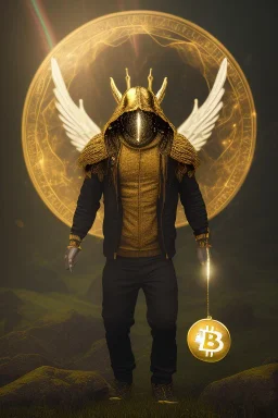 running berserker portrait , no face, black jogging suite , in the night Alps , holding bitcoin , angels background, volumetric gold light, high detail, dark leaf tree, dark mountains in background, perfect