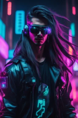 male cyberpunk solo with long hair, korean, Wearing Urban Gang Flash and mirrored dark sunglasses, headaphone, strong cyber warrior, black tatoo, attrakvtive man, Retroanime, rembradt lighting, neon complementary colors, dark vibe, scifi