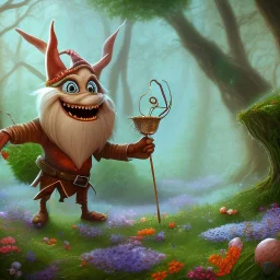 fabulous cartoon monster, forest, flowers, 4k, 4k 3d,detailed, horror, bonfire, gnomes, waterfall, butterflies, fairies