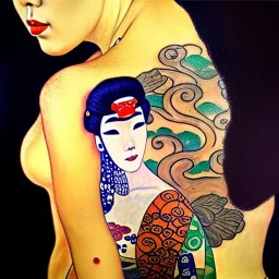 dibujo al oleo de cuerpo entero de una Geisha bella con tatuajes estilo Gustav Klimt