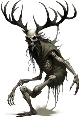 wendigo with deer skull covering head and face, fingers ending in claws with long arms reaching knees which bend backwards, eyes that are sunken back, its body emaciated, full body image