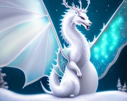 mdjrny-v4 style, a white dragon with fairy-like transparent glowing and sparkly wings standing in snow, full body, silver and teal background, glowing soft and smooth wings, realistic, highly detailed intricately detailed, shiny snowy background, soft studio lighting, trending on artstation, by artist "Julie Bell", by artist "Greg Rutkowski"