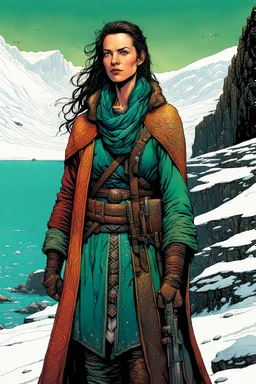 create a full body portrait of a fair skinned female nomadic tribal mercenary with highly detailed, delicate feminine facial features, inhabiting an ethereal Northern winter fjord land of pristine blue waters, in the comic book style of Jean Giraud Moebius, David Hoskins, and Enki Bilal, precisely drawn, boldly inked, with vibrant colors