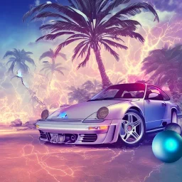 1980's aesthetic vaporwave palm trees and spheres and Porsche with lightning