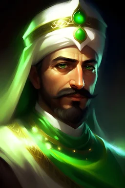 فارس عربي يرتدي عمامه خضراء عربية وجهه جميل حوله نور ساطع