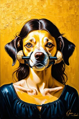 Woman in a dog muzzle who thinks she's a man; Surrealistic painting inspired by Klimt and Hundertwasser; Golden Hour; Exquisitely Detailed