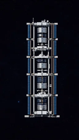 Huge space station, looking like oil drums in a line in the blackness of space