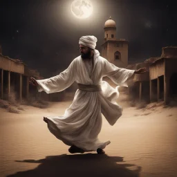 Hyper Realistic Sufi Whirling with Brown & White Islamic Sufi Rustic Grungy in a dark-abandoned-ghost-town-of-desert at dark night