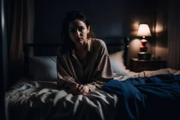 una mujer sentada en su cama en su dormitorio sin poder dormir. Fotografía real. Fotografía realizada con cámara Leica y objetivo de 35 mm