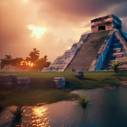 Chichen Itza, sunset, rainbow sunset, waterfall, palms, twigs, spring, sunset rainbow, bridge birds, unreal engine 5, cinematic lighting, realistic, hyper detailed, 8k, octane render