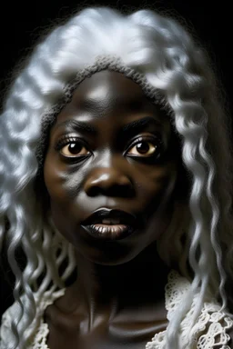 A woman with very beautiful dark skin with white lenses that fit into her Halloween disguise. She died a shaggy white hair filled with dirty blood.