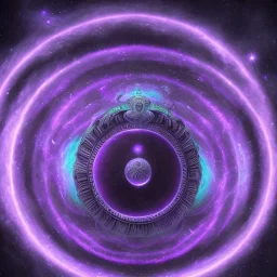 deep dark Black sun with Galactic serpent spiral, Elemental God of power horoscope, Great Huge Violet fluorescent gate surrounding earth, wavering reflective pools of purple bright stars spiraling small comets in space,