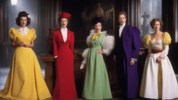 [Angel Heart (1987)] A tableau of intrigue: Miss Scarlett in red allure, Colonel Mustard in yellow-ish authority, Mrs. White in crisp black and white efficiency, Reverend Green in serene greenish robes, Mrs. Peacock in regal blue elegance, and Professor Plum in luxurious purple eccentricity. Together, they embody the enigmatic narrative of our novel.